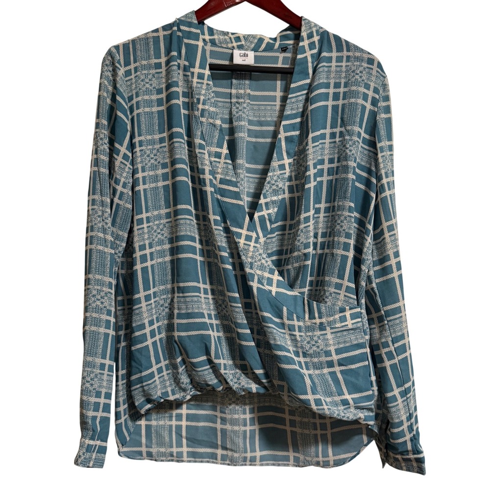 Cabi Teal Blue Geometric Plaid Faux Wrap Surplice Blouse Top Womens Medium
